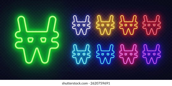 Won currency sign in neon with a glowing green core and rainbow-colored companions. Organized rows of light-rich symbols shine on a deep background.