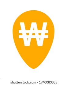 won currency symbol in pin point for icon isolated on white, monetary won currency, korean won coin in flat style for digital app and website, simple won symbol in circle orange, vector