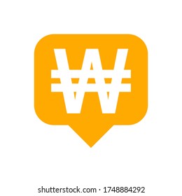 won currency symbol in speech bubble square shape for icon, monetary won currency symbol, korean won coin in flat style for digital app and website, simple won symbol orange color, vector