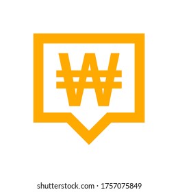 won currency symbol in speech bubble square shape for icon, monetary won currency symbol, korean won coin in flat style for digital app and website, simple won symbol orange color, vector