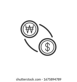 Symbol der Wechsellinie Won und Dollar. lineares Stilzeichen für mobiles Konzept und Webdesign. US-Dollar mit koreanischer Währung umrissen Vektorillustration Symbol. Symbol, Logo-Abbildung. Vektorillustration-Grafiken