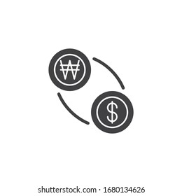 Won and dollar exchange vector icon. filled flat sign for mobile concept and web design. US dollar with Korean won currency glyph icon. Symbol, logo illustration. Vector graphics