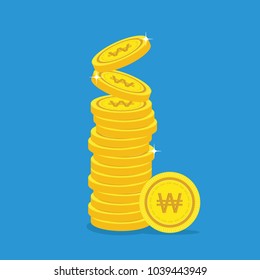 Ganó la Pila de Monedas de Oro. Concepto de crecimiento financiero con moneda de oro ganado.