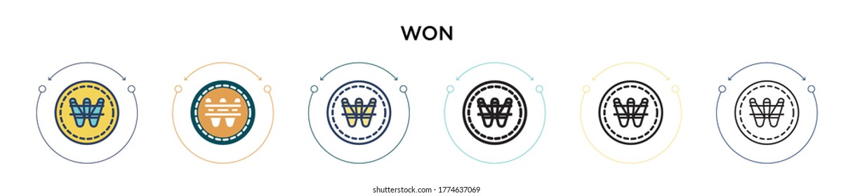 Won icon in filled, thin line, outline and stroke style. Vector illustration of two colored and black won vector icons designs can be used for mobile, ui, web