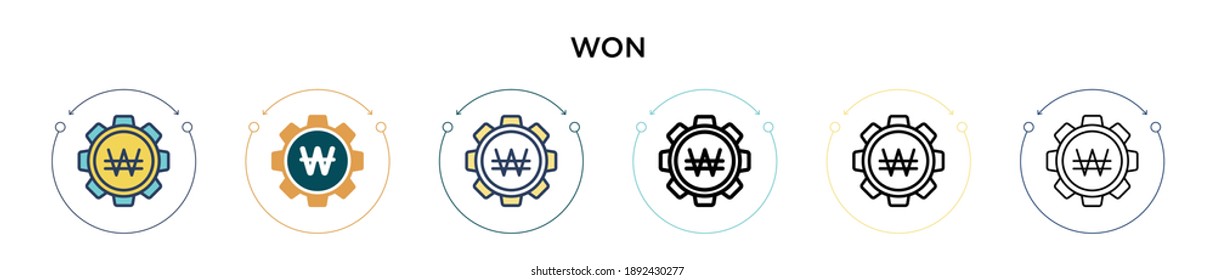 Won icon in filled, thin line, outline and stroke style. Vector illustration of two colored and black won vector icons designs can be used for mobile, ui, web