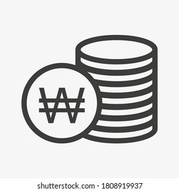 Won icon. Money outline vector illustration. Pile of coins icon isolated on white background. Stacked cash. South korean currency symbol.