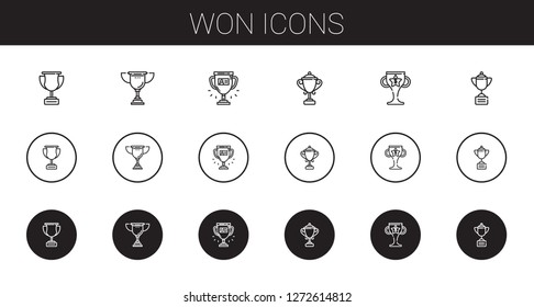 won icons set. Collection of won with trophy. Editable and scalable won icons.