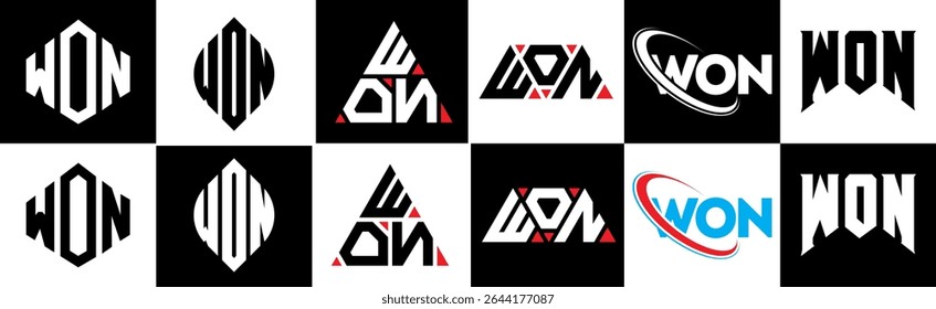 WON letter logo design in six style. WON polygon, circle, triangle, hexagon, flat and simple style with black and white color variation letter logo set in one artboard. WON minimalist and classic logo