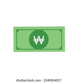 "Won" paper money vector flat design in green color and white background. "Won" is Korea's currency. Single.