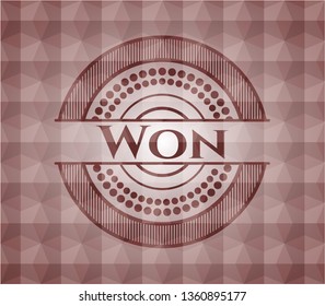 Won red seamless badge with geometric pattern background.