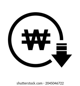 Won Reduction Symbol, Cost Decrease Icon. Reduce Debt Bussiness Sign Vector Illustration .