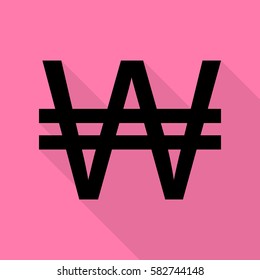 Won sign. Black icon with flat style shadow path on pink background.