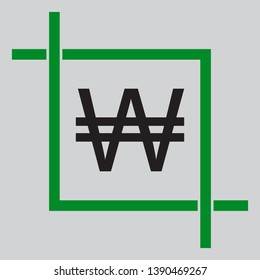 Won sign. Black icon inside green crop tool at light gray background