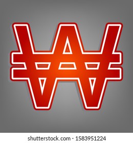 Won sign. Flat red icon with linear white icon with gray shadow at grayish background. Illustration.