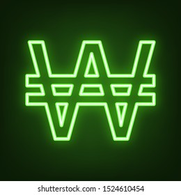 Won sign. Green neon icon in the dark. Blurred lightening. Illustration.