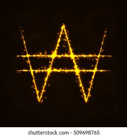 Won Sign Illustration Icon, Lights Silhouette on Dark Background. Glowing Lines and Points