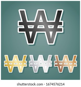 Won sign. Set of metallic Icons with gray, gold, silver and bronze gradient with white contour and shadow at viridan background. Illustration.