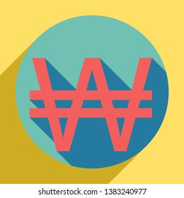 Won sign. Sunset orange icon with llapis lazuli shadow inside medium aquamarine circle with different goldenrod shadow at royal yellow background.