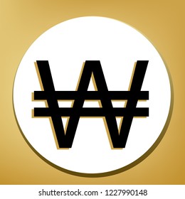 Won sign. Vector. Black icon with light brown shadow in white circle with shaped ring at golden background.