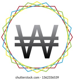 Won sign. Vector. Black icon with patch of light inside colorful hexagonal frames at white background.