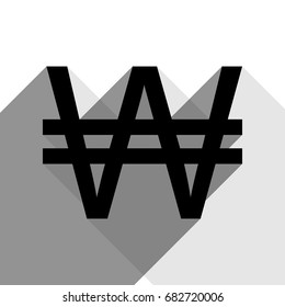 Won sign. Vector. Black icon with two flat gray shadows on white background.