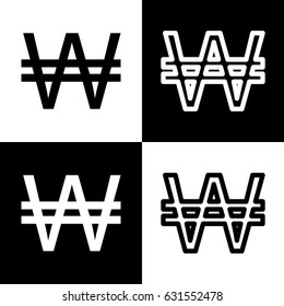 Won sign. Vector. Black and white icons and line icon on chess board.