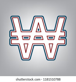 Won sign. Vector. Dark red, transparent and midnight green stroke of white icon at grayish background.