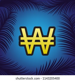 Won sign. Vector. Golden icon with black contour at blue background with branches of palm trees.