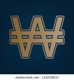 Won sign. Vector. Golden icon and border at dark cyan background.