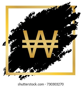 Won sign. Vector. Golden icon at black spot inside golden frame on white background.