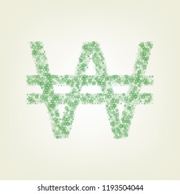 Won sign. Vector. Green hexagon rastered icon and noised opacity and size at light green background with central light.