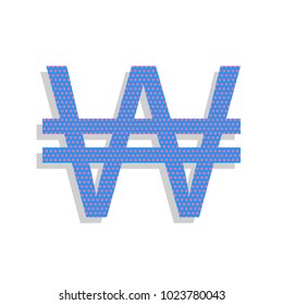 Won sign. Vector. Neon blue icon with cyclamen polka dots pattern with light gray shadow on white background. Isolated.