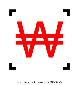 Won sign. Vector. Red icon inside black focus corners on white background. Isolated.