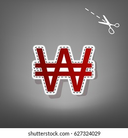 Won sign. Vector. Red icon with for applique from paper with shadow on gray background with scissors.