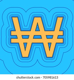 Won sign. Vector. Sand color icon with black contour and equidistant blue contours like field at sky blue background. Like waves on map - island in ocean or sea.