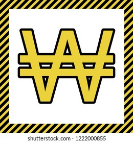 Won sign. Vector. Warm yellow icon with black contour in frame named as under construction at white background. Isolated.