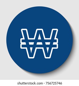 Won sign. Vector. White contour icon in dark cerulean circle at white background. Isolated.