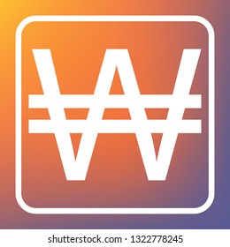 Won sign. Vector. White icon on transparent button at orange-violet gradient background.