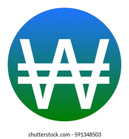 Won sign. Vector. White icon in bluish circle on white background. Isolated.