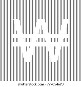 Won sign. Vector. White icon on grayish striped background. Optical illusion.