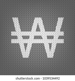 Won sign. Vector. White knitted icon on gray knitted background. Isolated.
