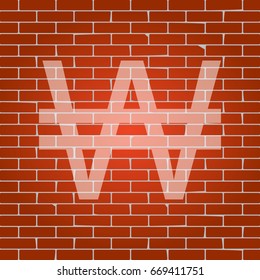 Won sign. Vector. Whitish icon on brick wall as background.