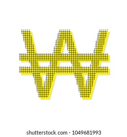 Won sign. Vector. Yellow icon with square pattern duplicate at white background. Isolated.