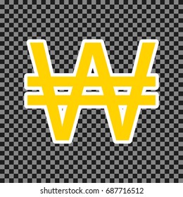 Won sign. Vector. Yellow icon with white contour on dark transparent background.