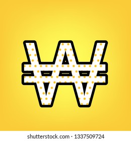 Won sign. Vector. Yellow polka dot white icon with black contour at warm yellow background.