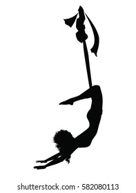 Wonam doing aerial yoga. Silhouettes of fly yoga positions on white background. Anti-gravity yoga figures isolated. Pose for relaxation and meditation. Shape of girl practicing stretching in hammock