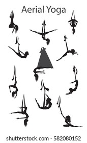 Wonam doing aerial yoga. Silhouettes of fly yoga positions on white background. Anti-gravity yoga figures isolated. Pose for relaxation and meditation. Shape of girl practicing stretching in hammock
