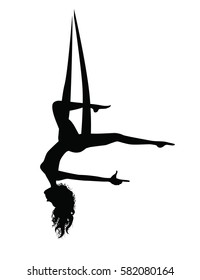 Wonam doing aerial yoga. Silhouettes of fly yoga positions on white background. Anti-gravity yoga figures isolated. Pose for relaxation and meditation. Shape of girl practicing stretching in hammock