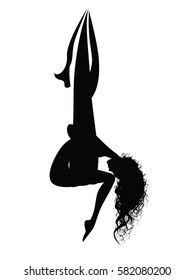 Wonam doing aerial yoga. Silhouettes of fly yoga positions on white background. Anti-gravity yoga figures isolated. Pose for relaxation and meditation. Shape of girl practicing stretching in hammock