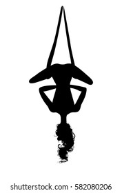 Wonam doing aerial yoga. Silhouettes of fly yoga positions on white background. Anti-gravity yoga figures isolated. Pose for relaxation and meditation. Shape of girl practicing stretching in hammock